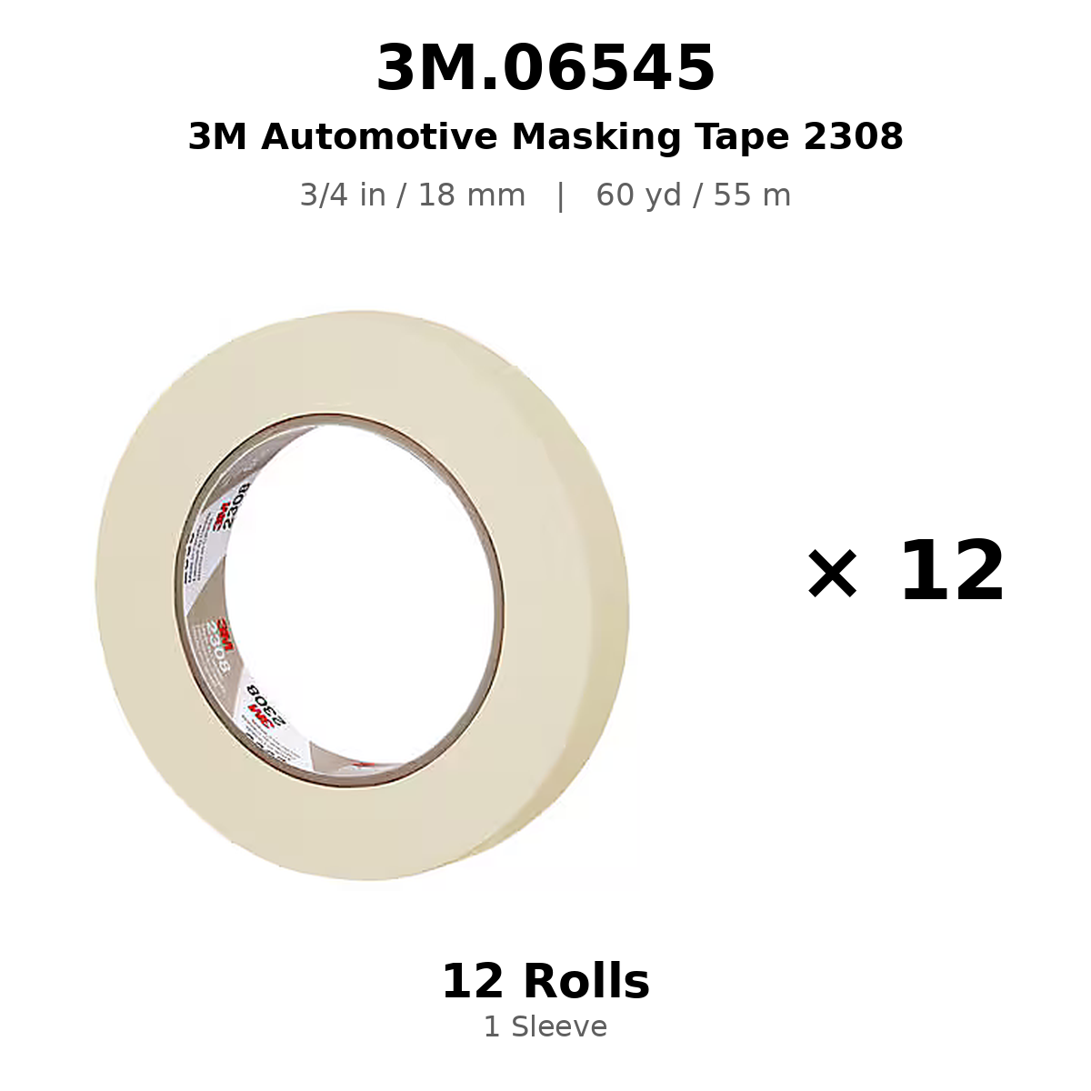 3M 06545 Automotive Masking Tape – 3/4 in × 180 ft (18 mm × 55 m), Natural, 2308