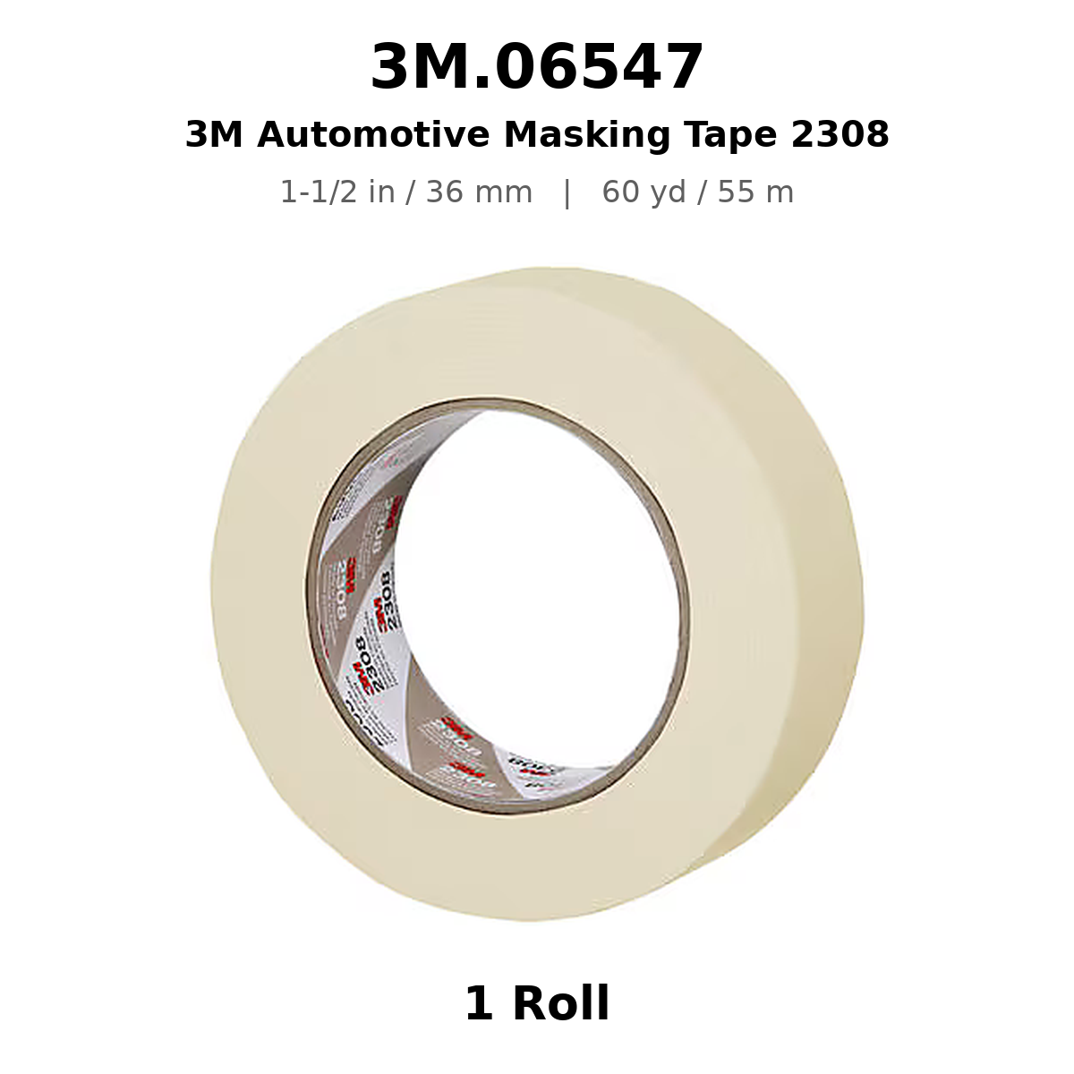 3M 06547 Automotive Masking Tape – 1-1/2 in × 180 ft (36 mm × 55 m), Natural, 2308