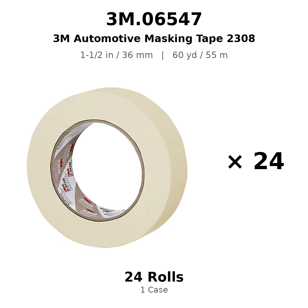 3M 06547 Automotive Masking Tape – 1-1/2 in × 180 ft (36 mm × 55 m), Natural, 2308