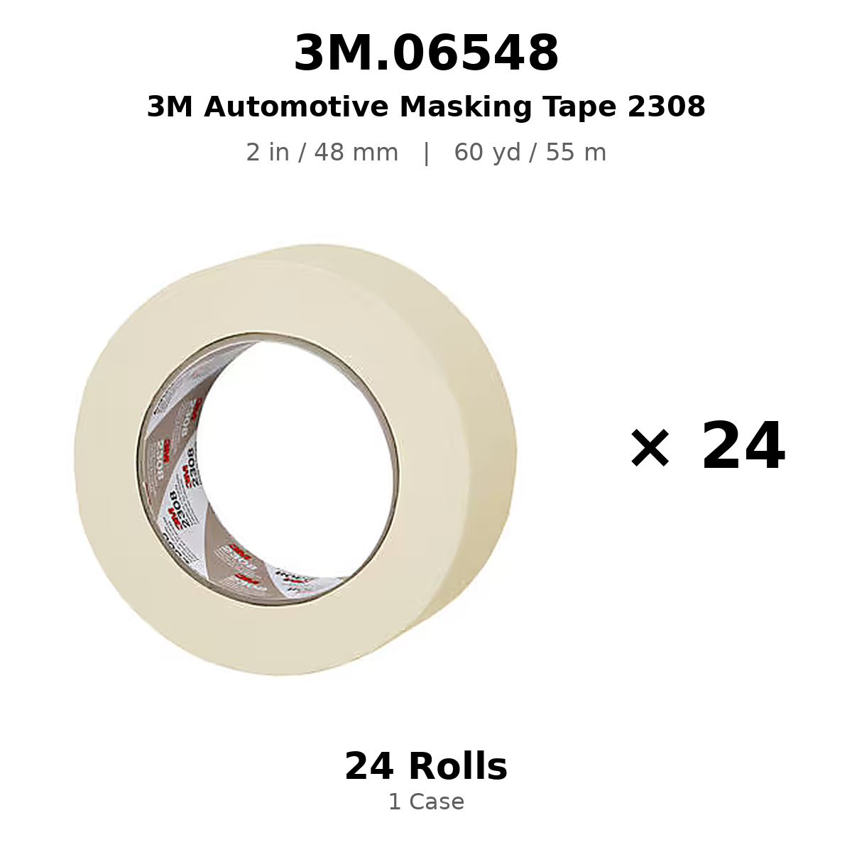 3M 06548 Automotive Masking Tape – 2 in × 180 ft (48 mm × 55 m), Natural, 2308