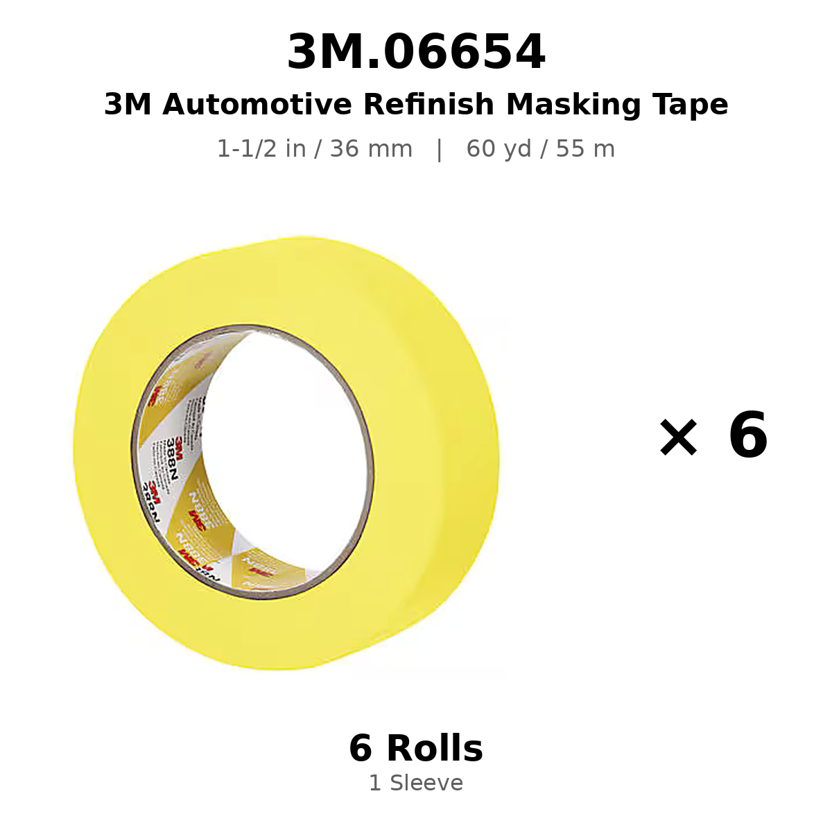 3M 06654 Yellow Automotive Masking Tape – 1-1/2 in × 180 ft (36 mm × 55 m)