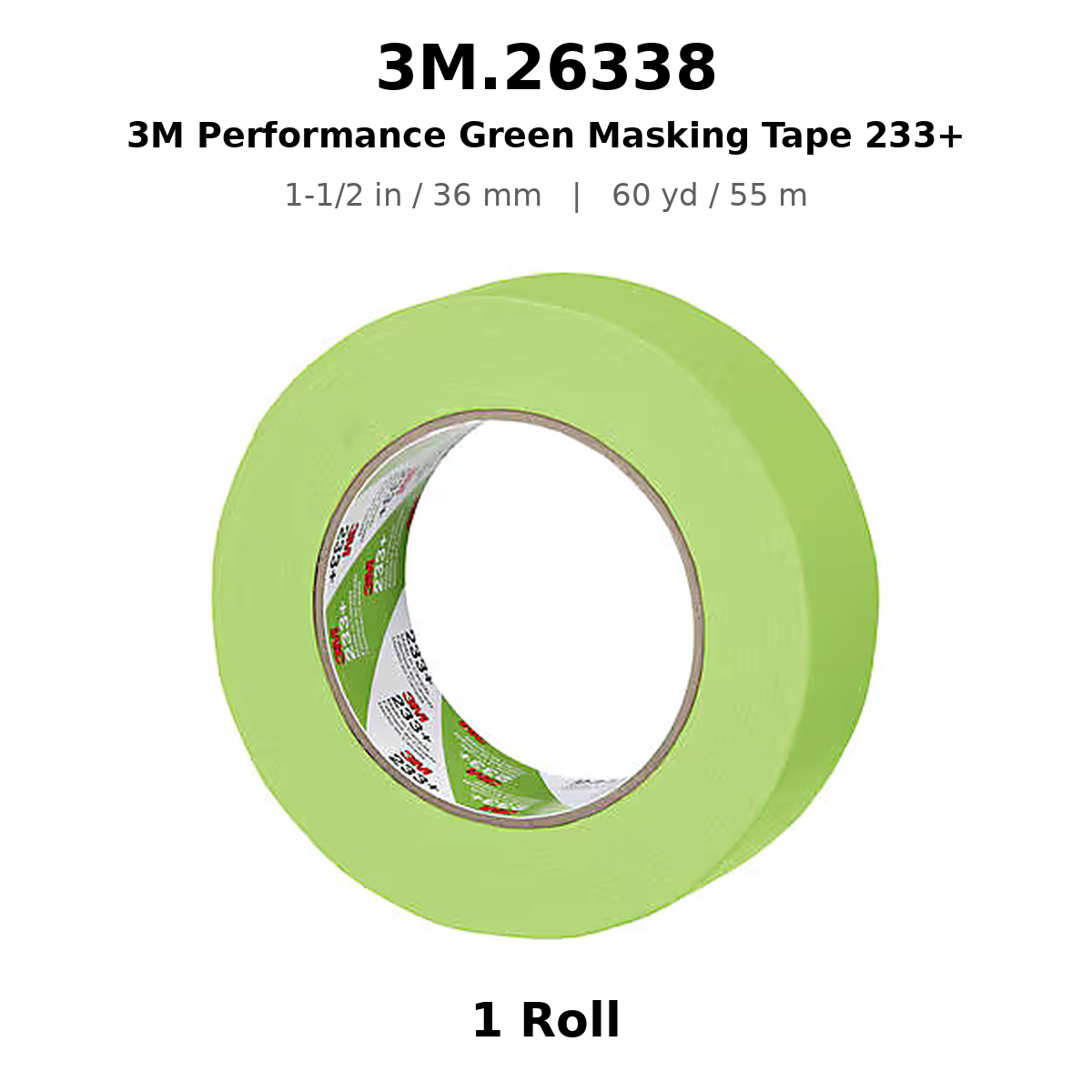 3M 26338 Green Automotive Masking Tape 233+ – 1-1/2 in × 180 ft (36 mm × 55 m)