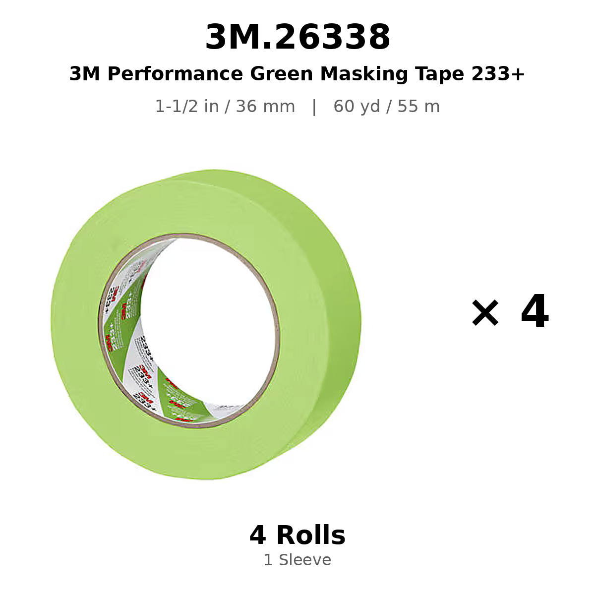 3M 26338 Green Automotive Masking Tape 233+ – 1-1/2 in × 180 ft (36 mm × 55 m)