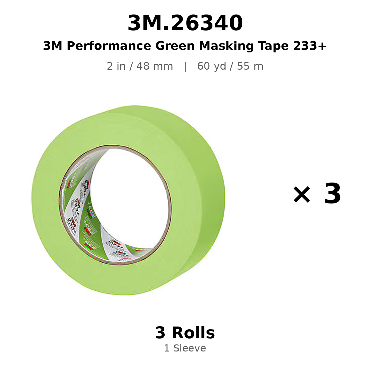 3M 26340 Green Automotive Masking Tape 233+ – 2 in × 180 ft (48 mm × 55 m)
