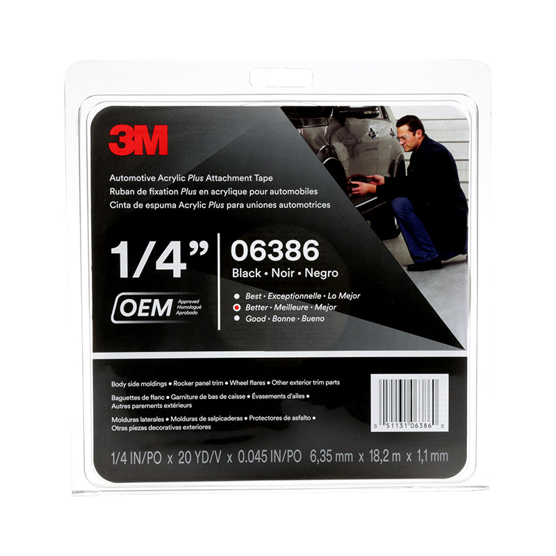 3M 06386 Double-Sided Automotive Trim Tape – Black Acrylic Plus, 1/4 in × 60 ft (6.35 mm × 18.3 m), 45 mil