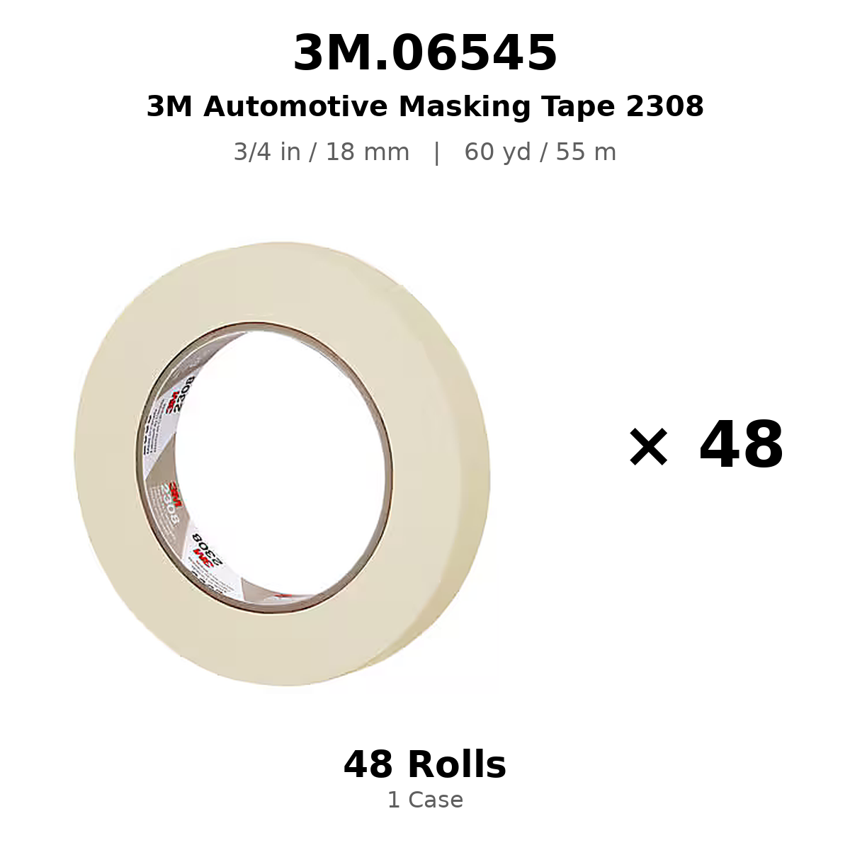 3M 06545 Automotive Masking Tape – 3/4 in × 180 ft (18 mm × 55 m), Natural, 2308