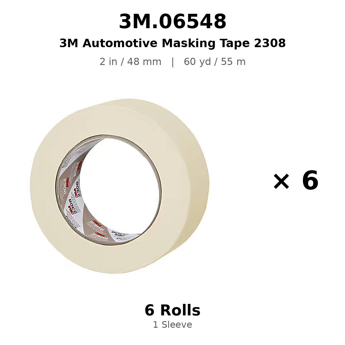 3M 06548 Automotive Masking Tape – 2 in × 180 ft (48 mm × 55 m), Natural, 2308