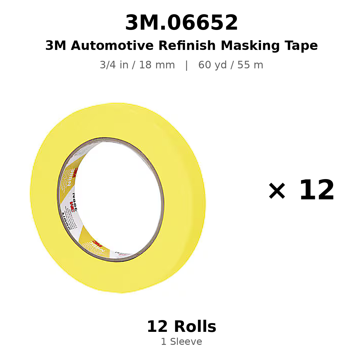 3M 06652 Yellow Automotive Masking Tape – 3/4 in × 180 ft (18 mm × 55 m) 6652