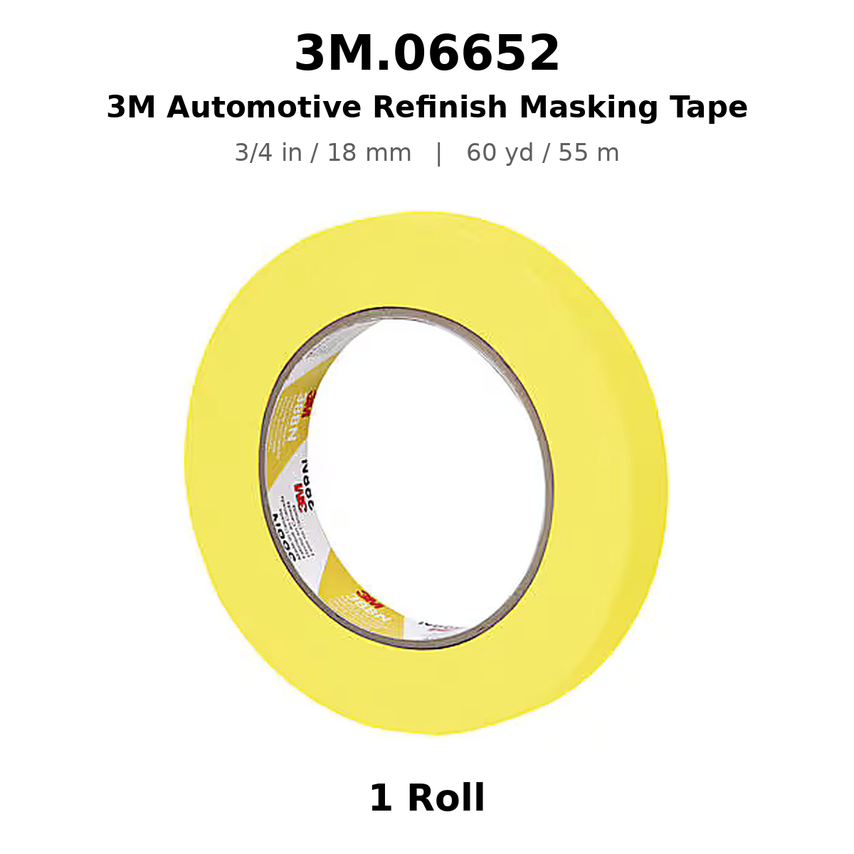 3M 06652 Yellow Automotive Masking Tape – 3/4 in × 180 ft (18 mm × 55 m) 6652