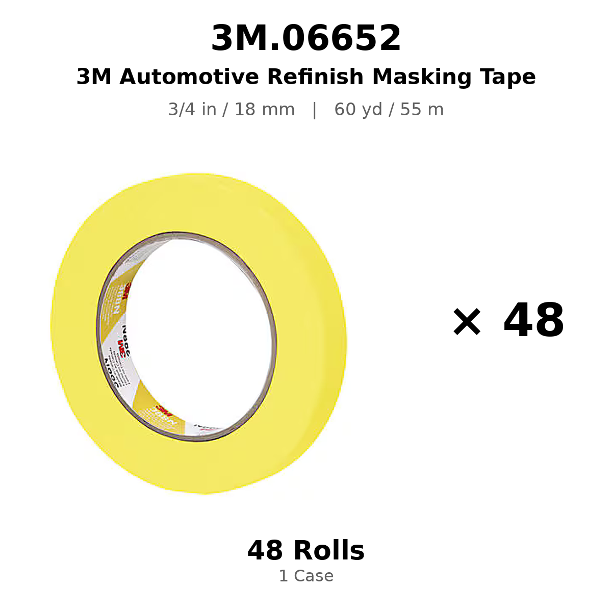 3M 06652 Yellow Automotive Masking Tape – 3/4 in × 180 ft (18 mm × 55 m) 6652