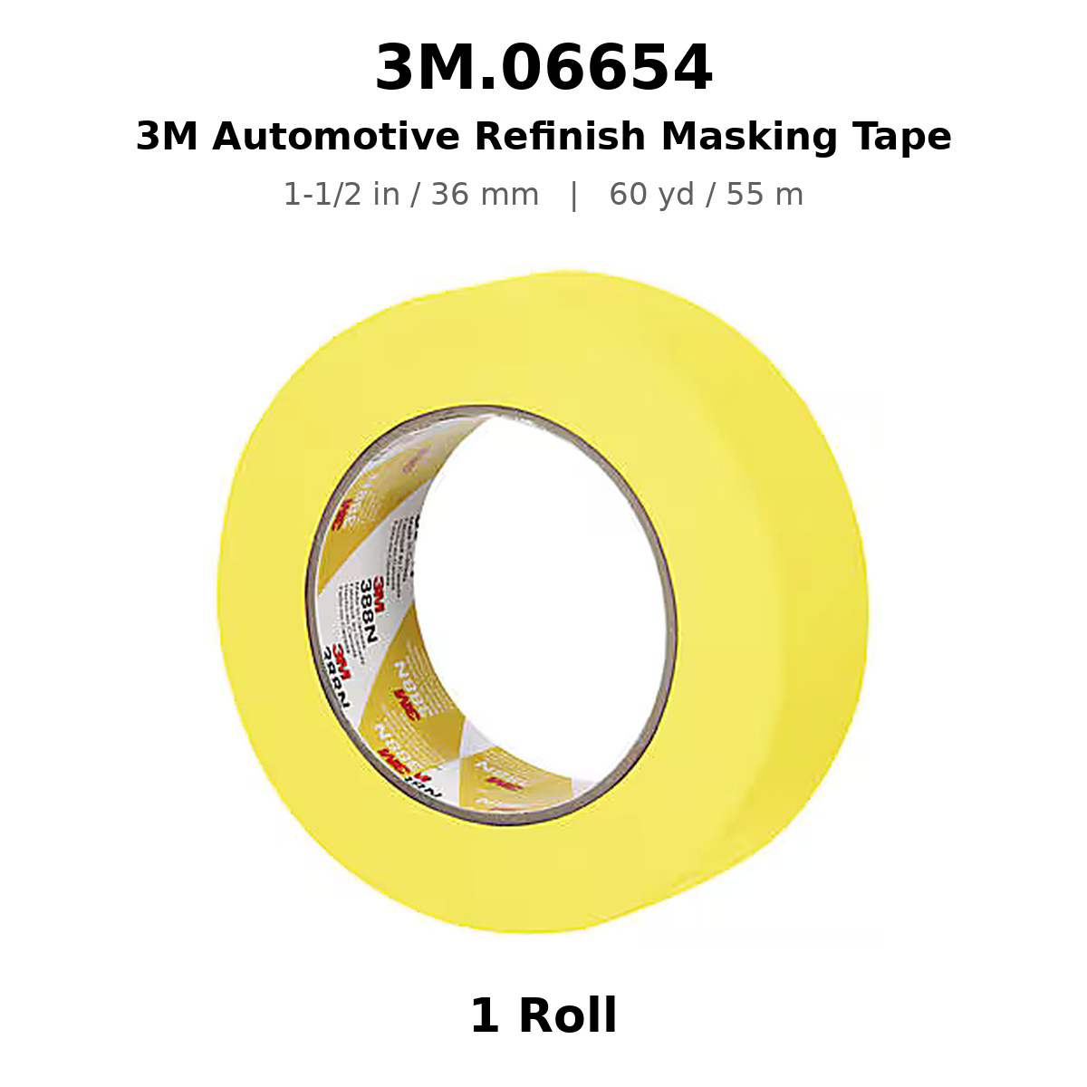 3M 06654 Yellow Automotive Masking Tape – 1-1/2 in × 180 ft (36 mm × 55 m)