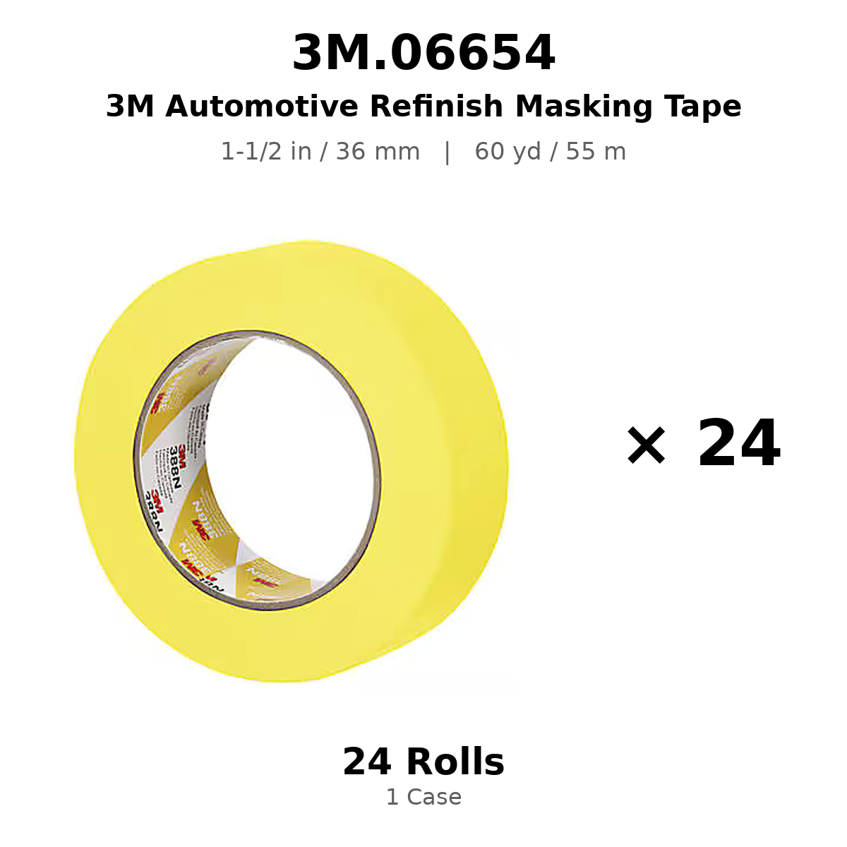 3M 06654 Yellow Automotive Masking Tape – 1-1/2 in × 180 ft (36 mm × 55 m)