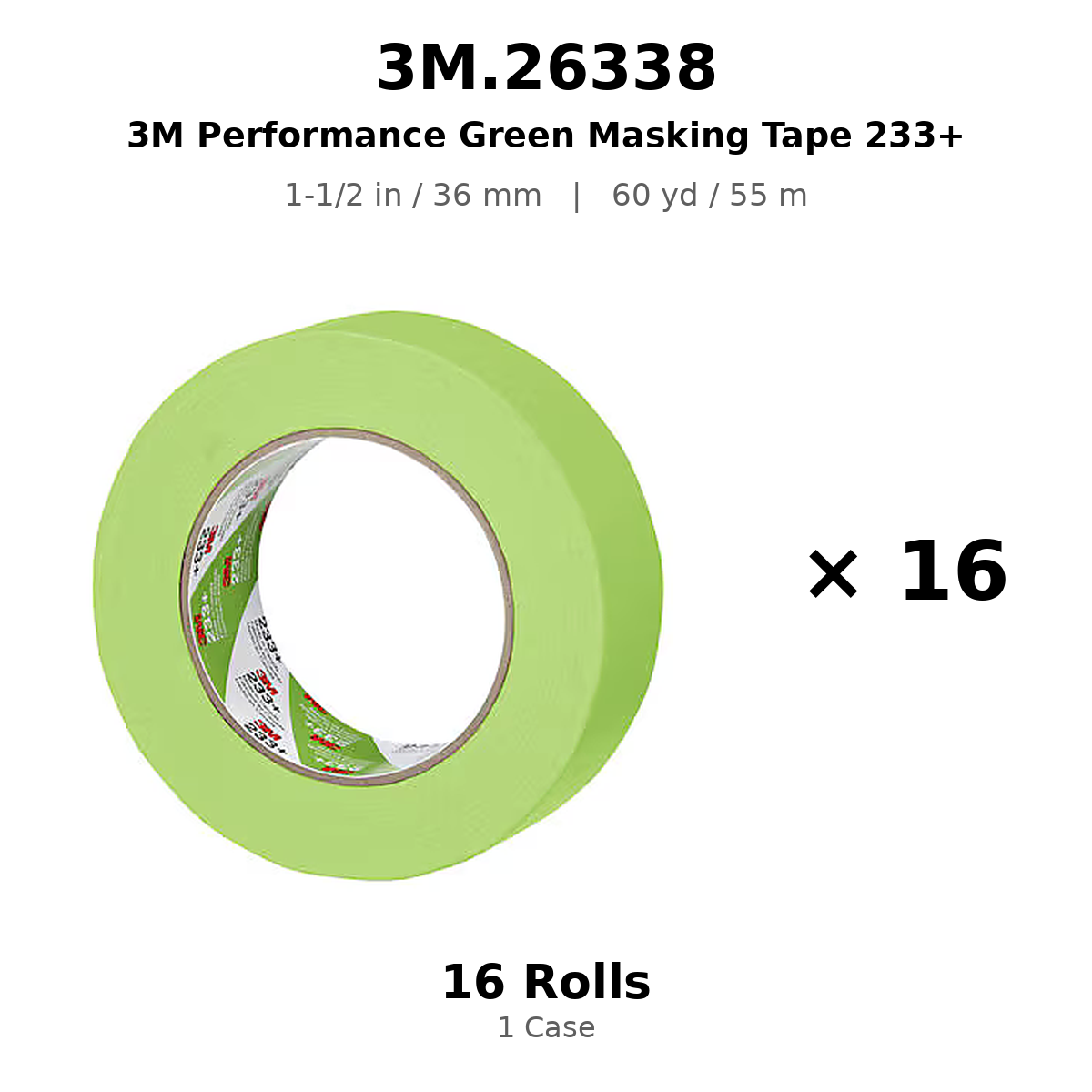 3M 26338 Green Automotive Masking Tape 233+ – 1-1/2 in × 180 ft (36 mm × 55 m)