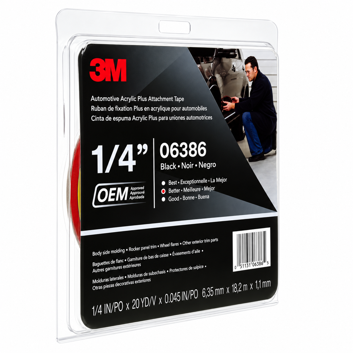 3M 06386 Double-Sided Automotive Trim Tape – Black Acrylic Plus, 1/4 in × 60 ft (6.35 mm × 18.3 m), 45 mil